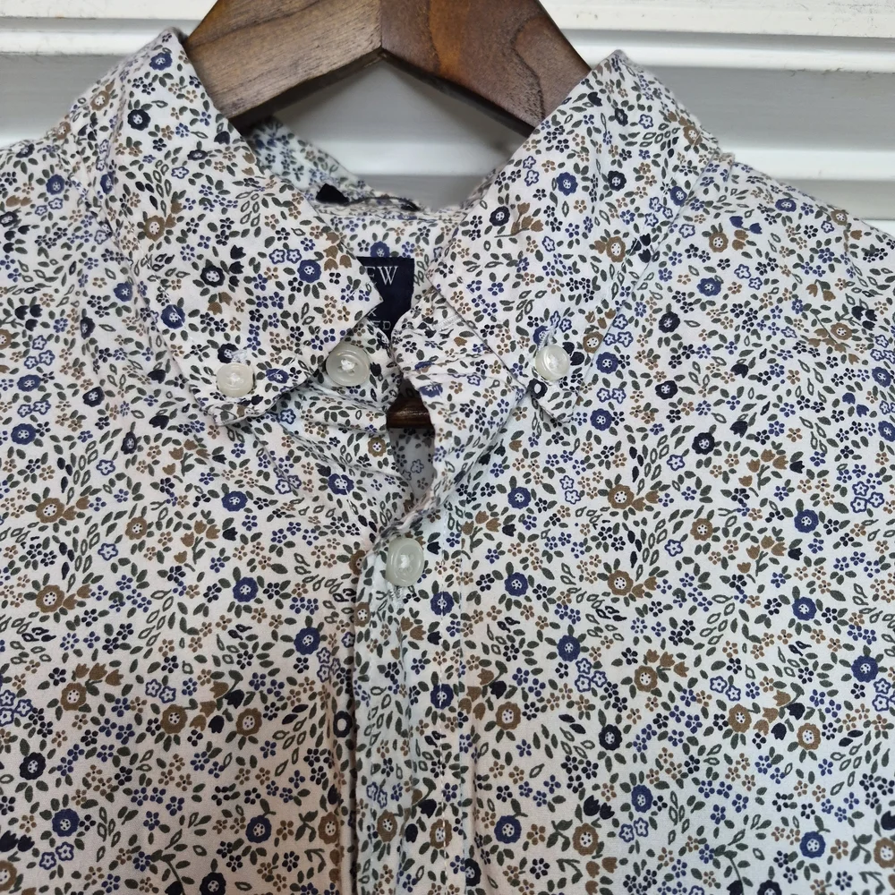 J. Crew Men's Floral Button-Down Shirt - White with Blue & Brown Print Large